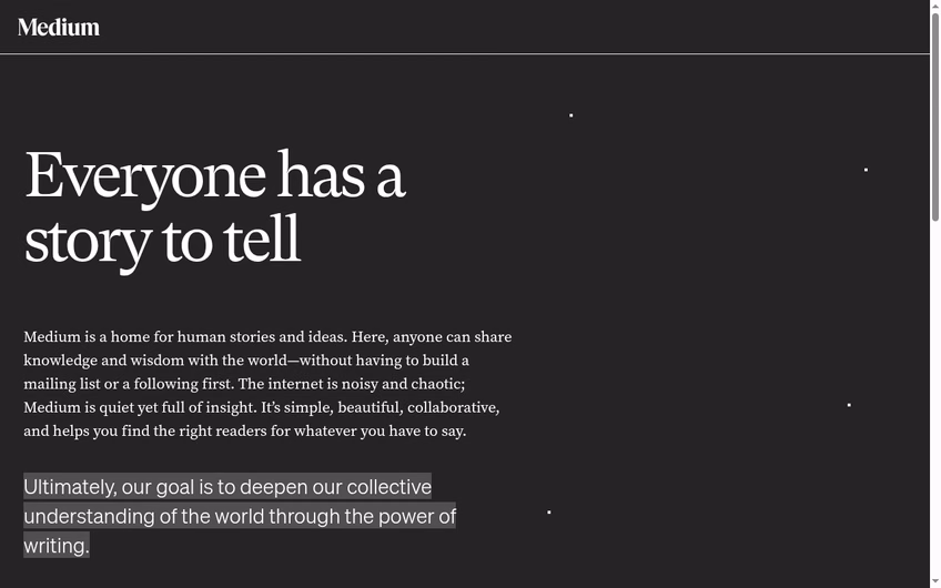 Medium about page in October 2026, with the headline Everyone has a story to tell