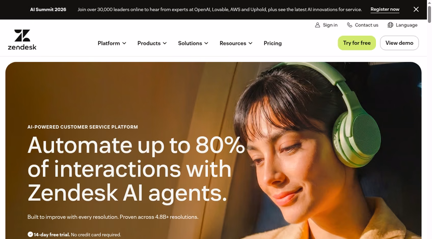 Zendesk homepage promoting AI agents that automate up to 80 percent of customer interactions