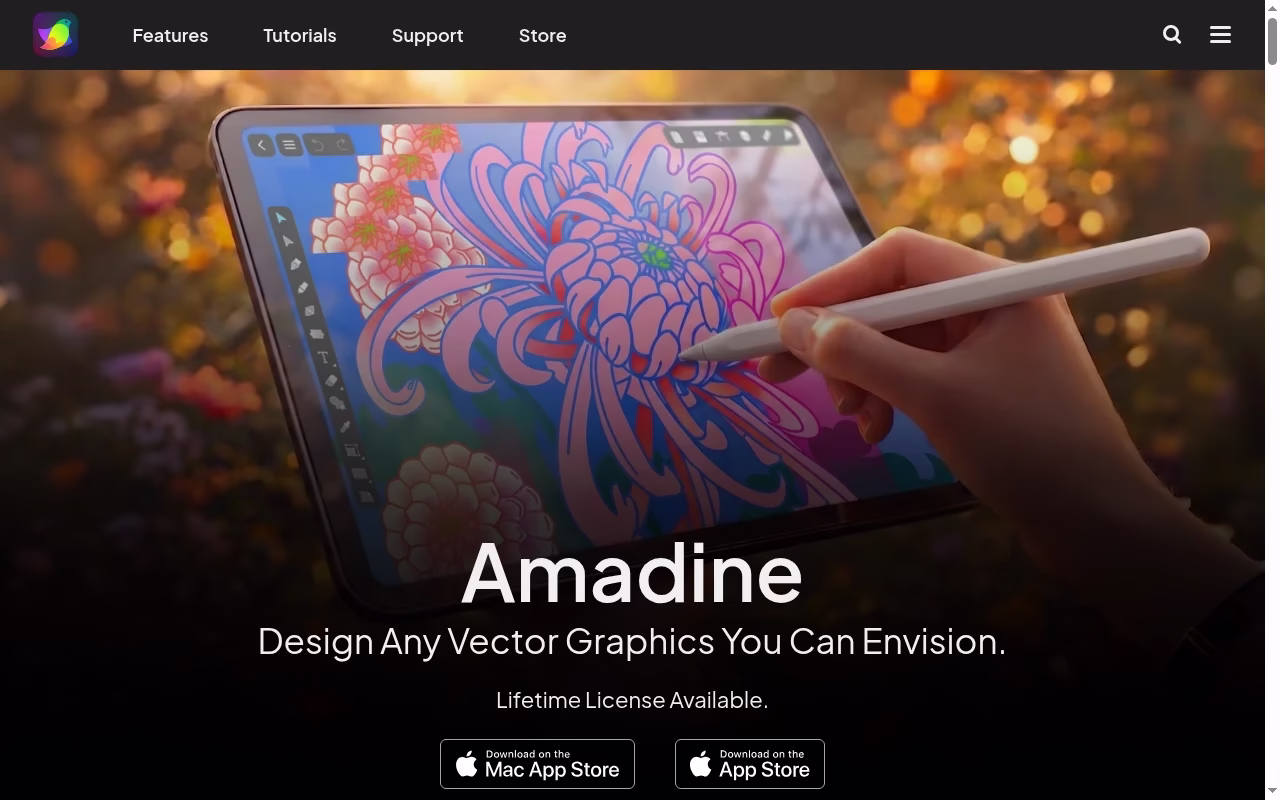 Amadine official website hero showing focused Apple vector drawing