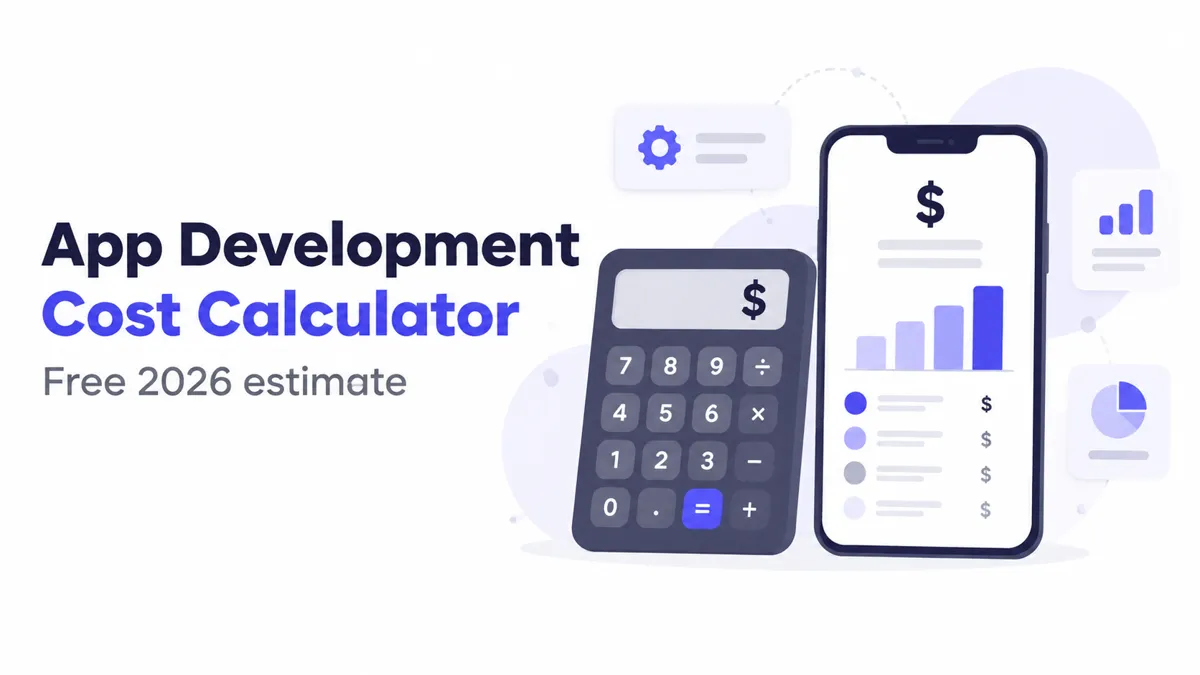 App development cost calculator illustration with a calculator and a phone showing a cost breakdown chart