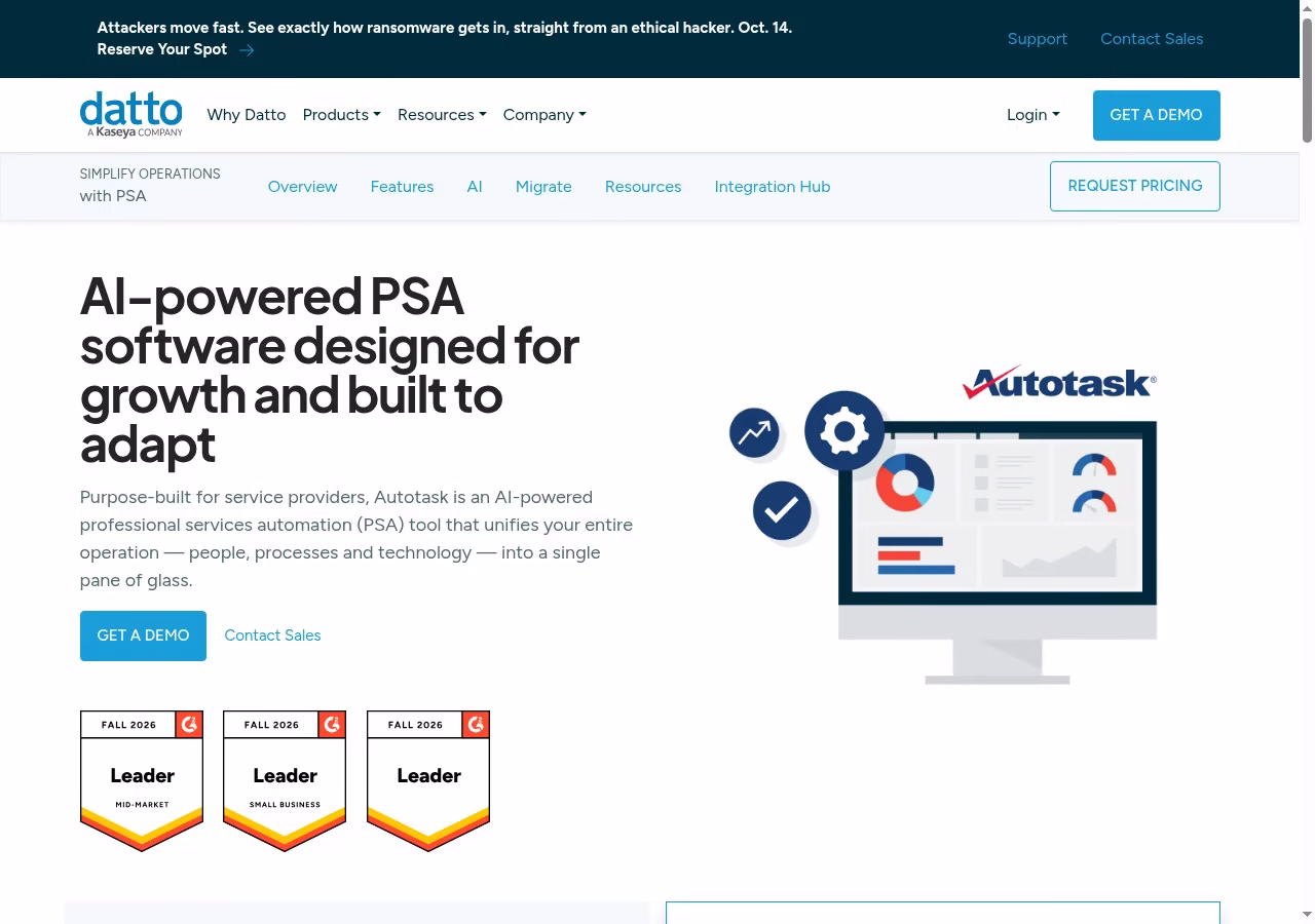 Autotask official website hero showing its CRM product positioning