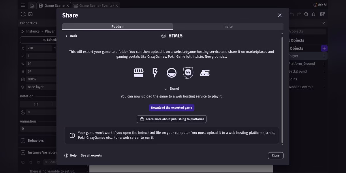 GDevelop editor with the HTML5 export dialog showing Done, from our browser test of the free Platformer starter