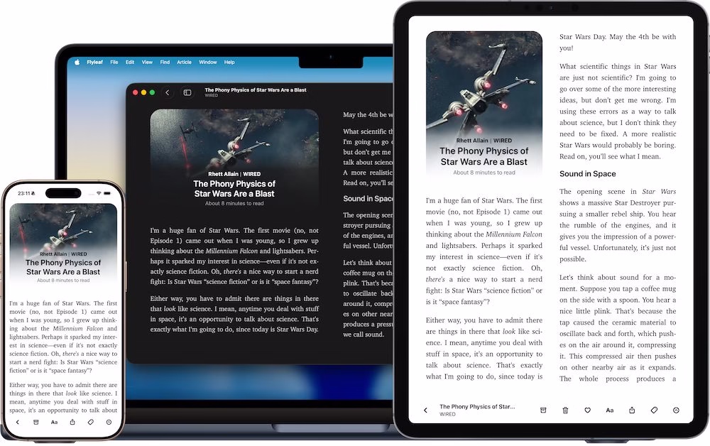 Flyleaf read-later app shown across iPhone, iPad and Mac screens