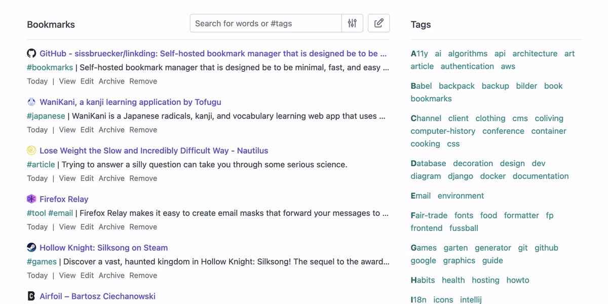 linkding bookmark manager interface with a list of saved bookmarks and tags