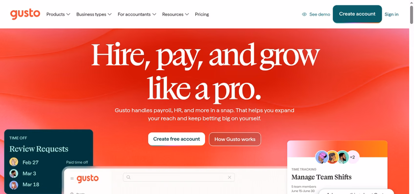 Gusto homepage promising hire, pay, and grow like a pro with payroll and HR in one place