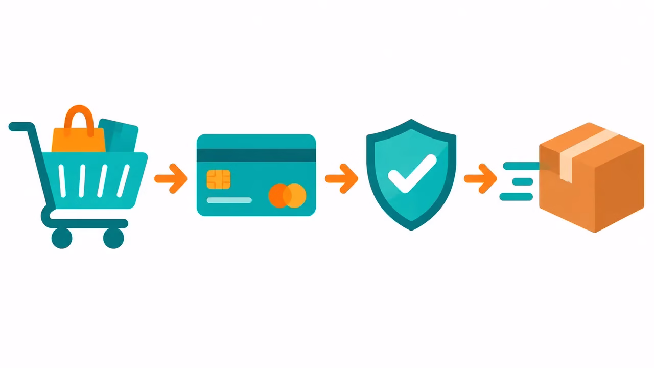 Illustration of an online checkout flow from cart to payment to security check to delivery