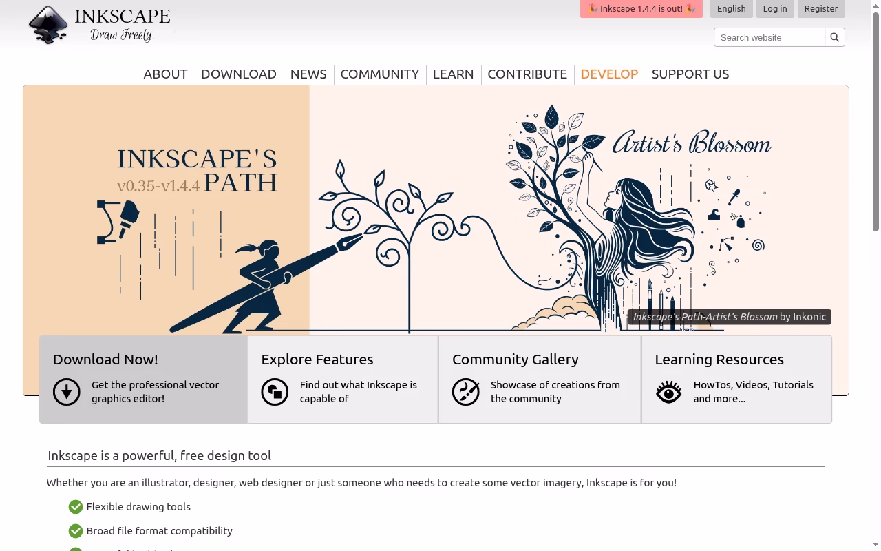 Inkscape official website hero showing free desktop SVG work