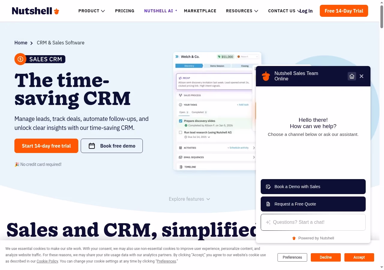 Nutshell official website hero showing its CRM product positioning