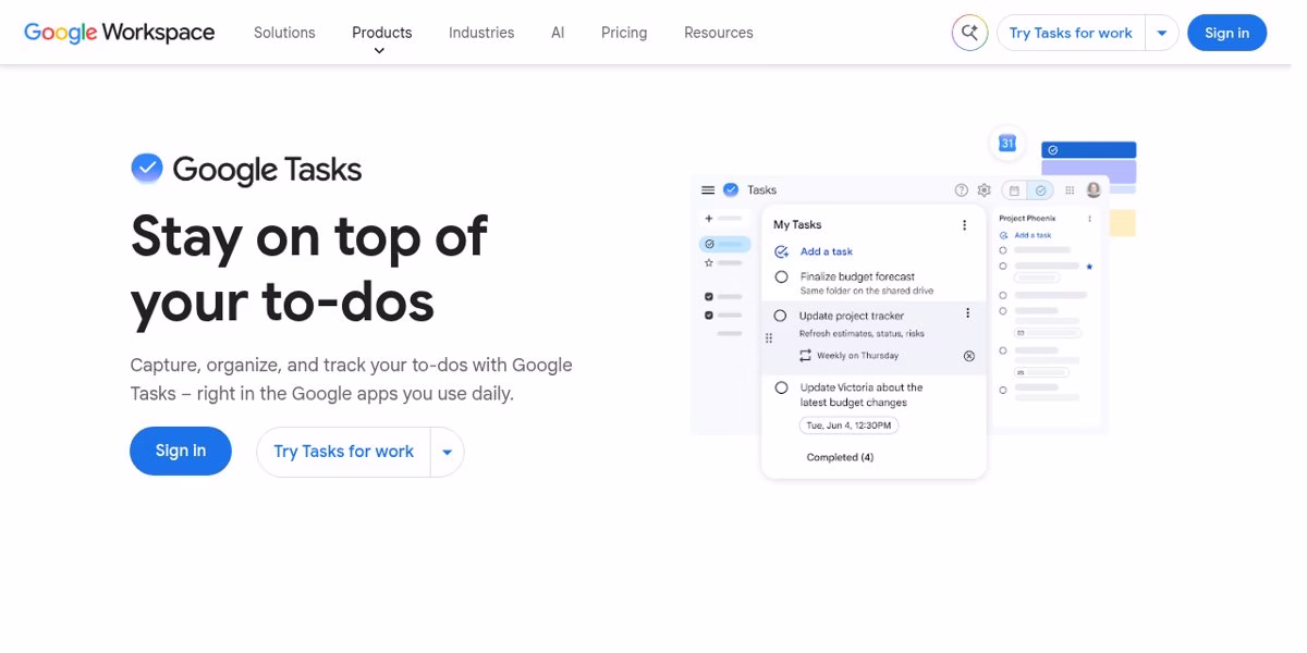 Google Tasks page with the headline Stay on top of your to-dos and a task list preview