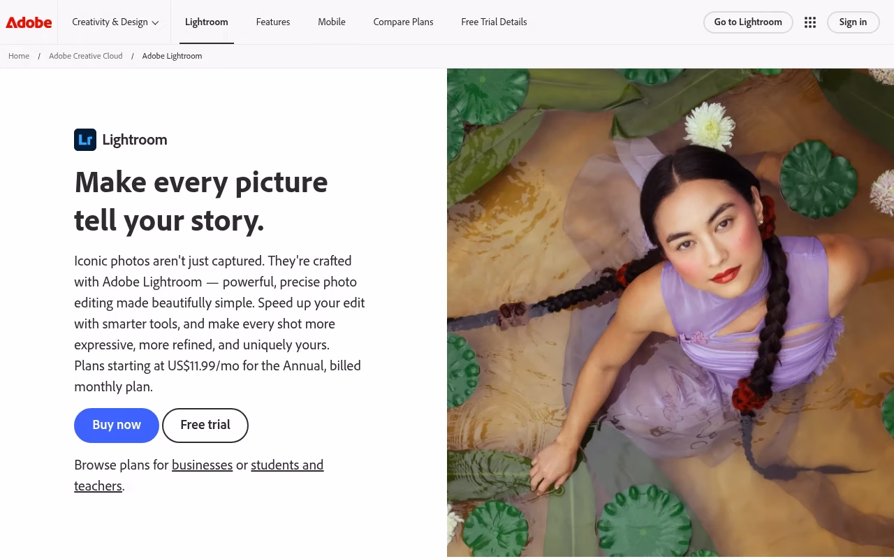 Adobe Lightroom official website hero showing catalog-led photo workflows
