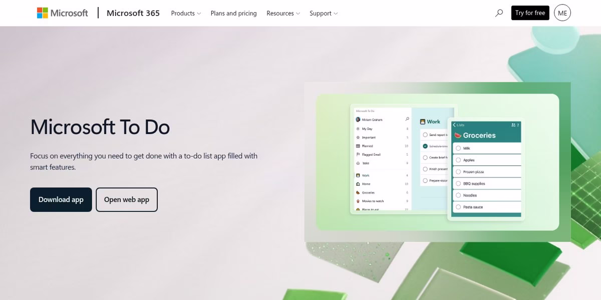 Microsoft To Do page with the heading Microsoft To Do and two app screens showing task lists