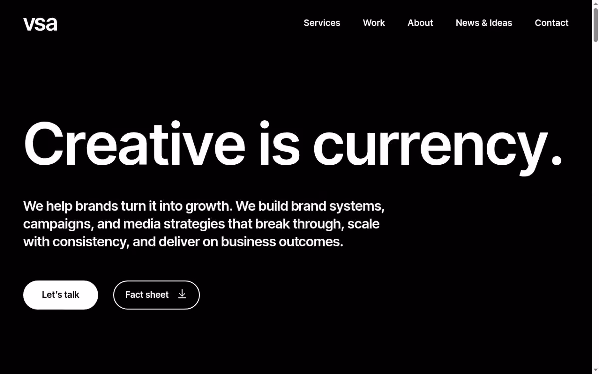VSA Partners desktop homepage showing its current brand and services
