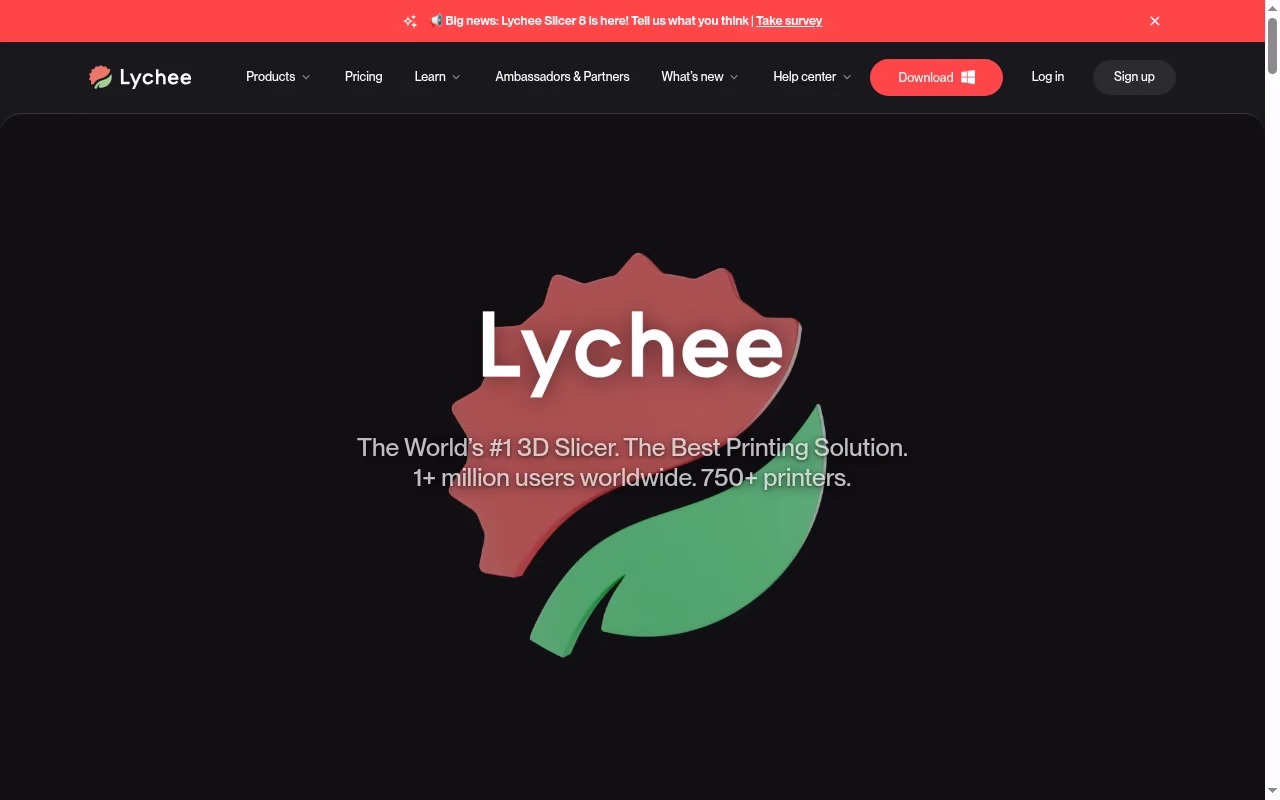Lychee Slicer official website hero showing resin preparation and supports
