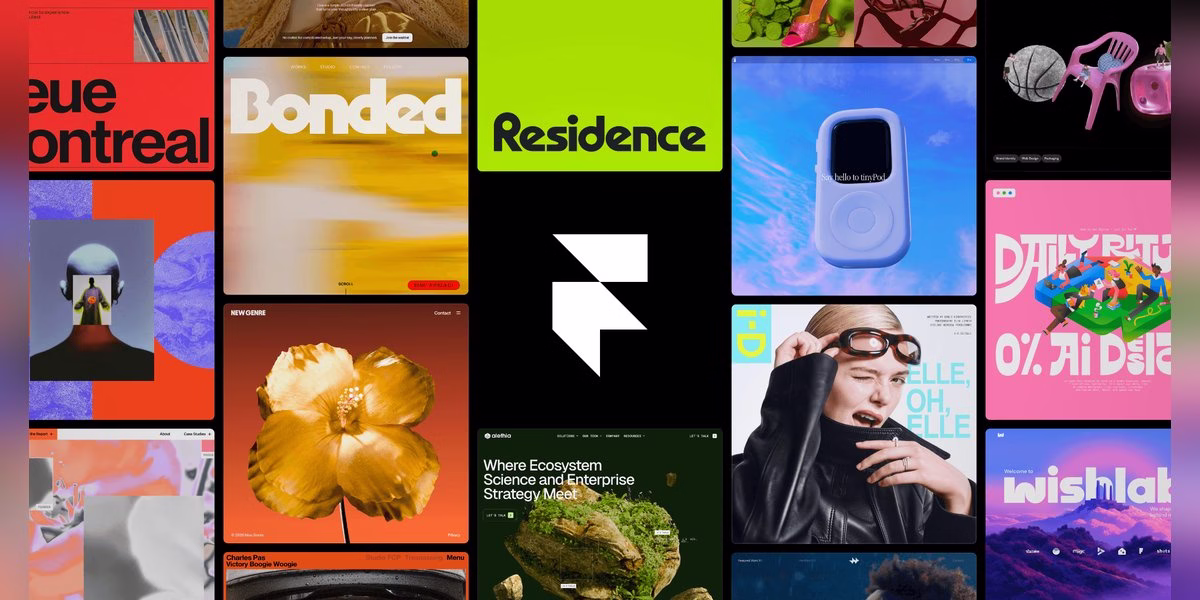 Framer logo surrounded by a grid of website design samples