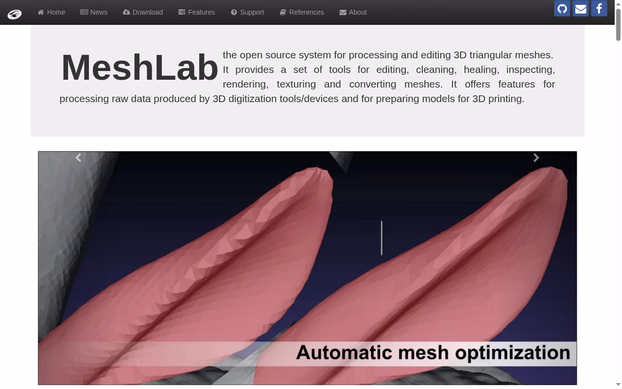 MeshLab official website hero showing mesh inspection and processing
