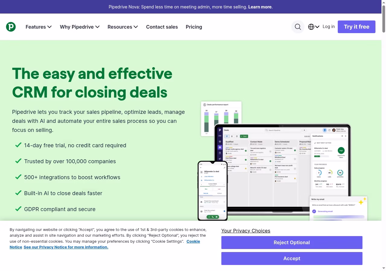 Pipedrive official website hero showing its CRM product positioning