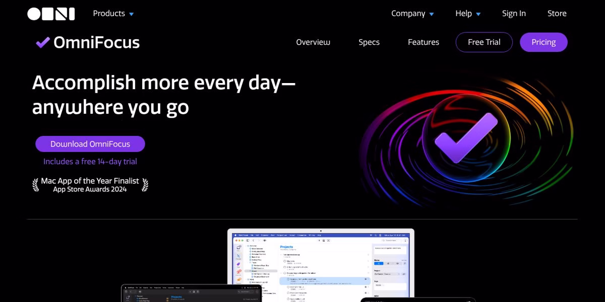 OmniFocus page with the headline Accomplish more every day anywhere you go and a rainbow checkmark