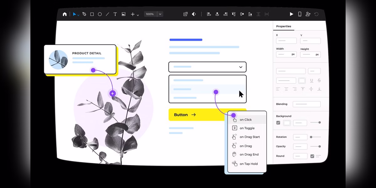 Justinmind prototype editor showing a product detail screen and interaction properties