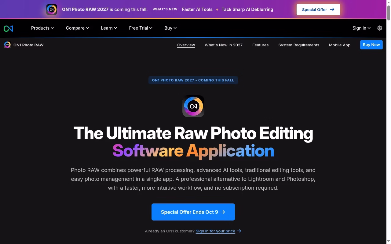 ON1 Photo RAW official website hero showing an all-in-one local photo workflow