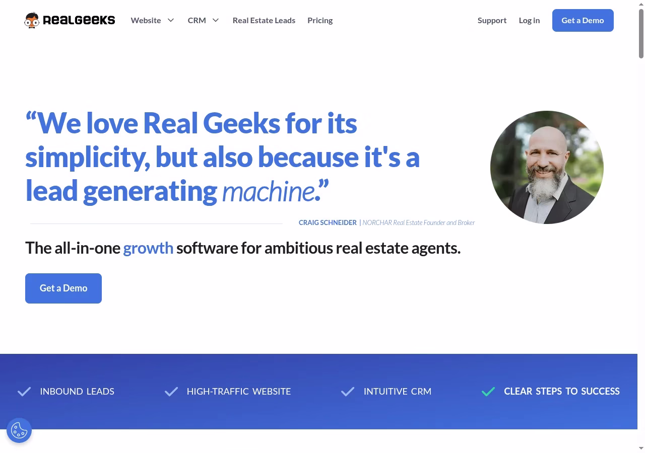 Real Geeks official website hero showing its CRM product positioning