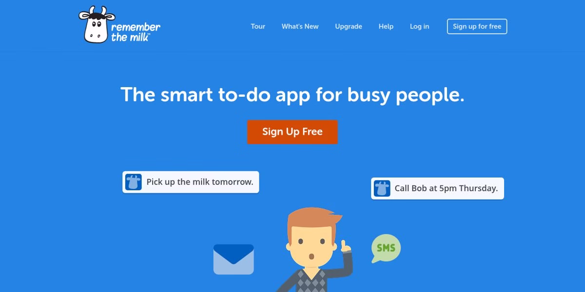 Remember The Milk homepage with the headline The smart to-do app for busy people