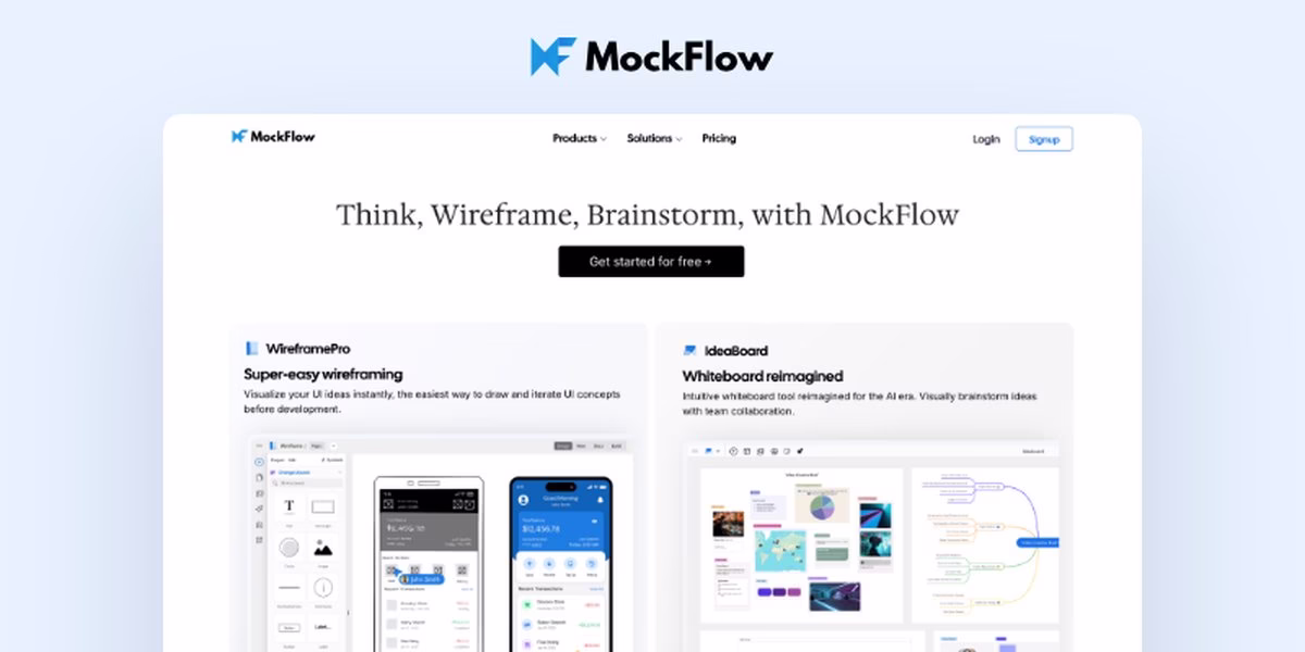 MockFlow homepage reading Think, Wireframe, Brainstorm, with MockFlow
