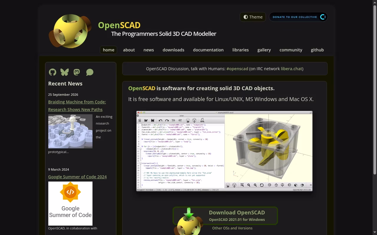 OpenSCAD official website hero showing code-defined geometry