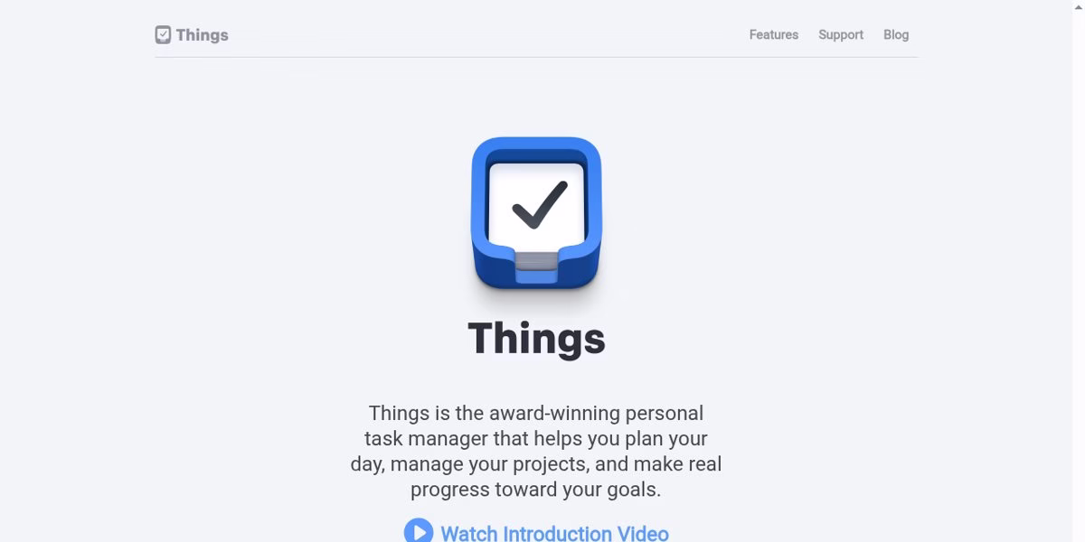 Things homepage showing the Things app icon and the text Things is the award-winning personal task manager