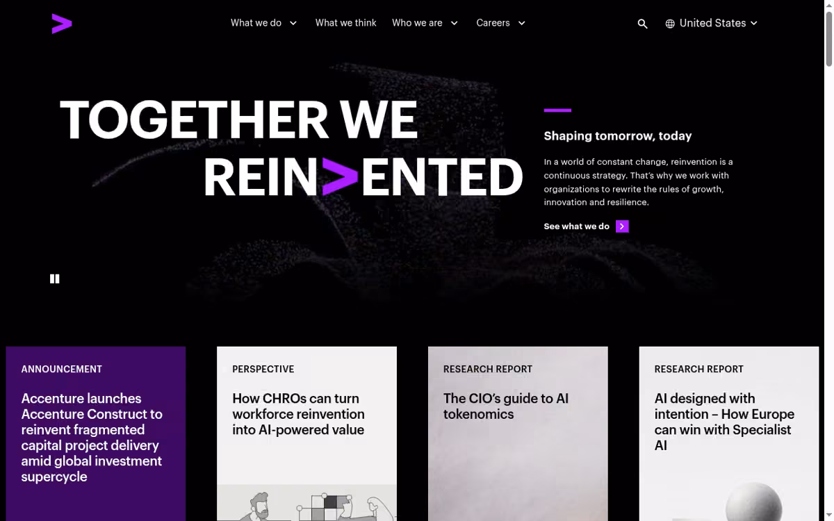 Accenture desktop homepage showing its current brand and services