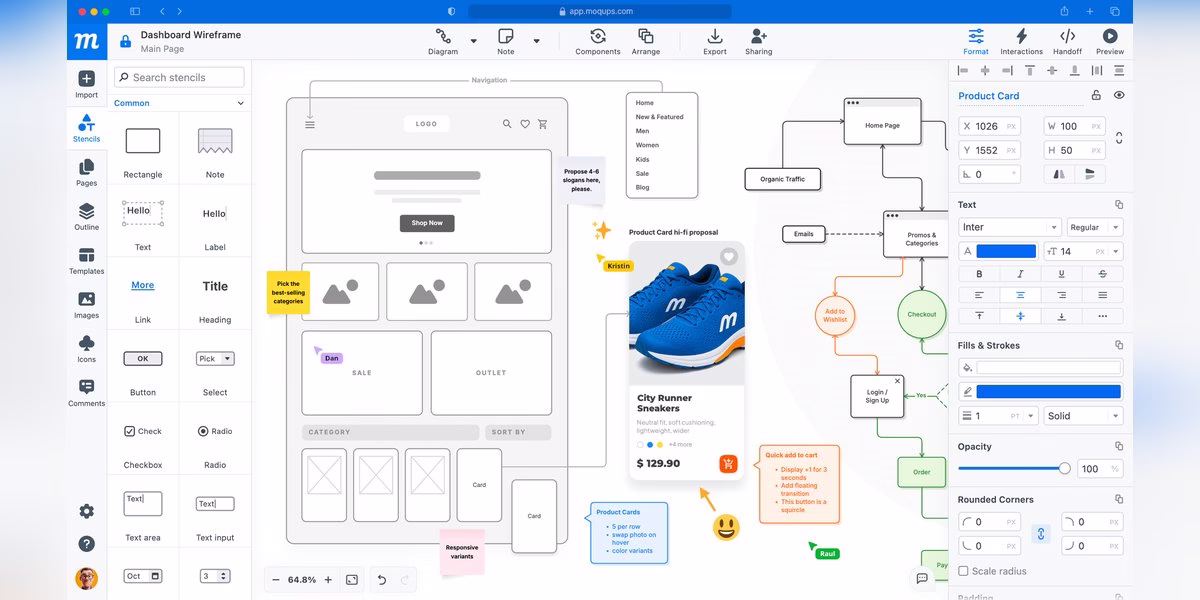 Moqups editor showing a wireframe and a flowchart on one canvas