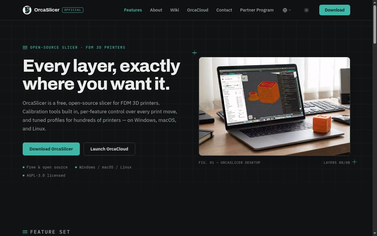OrcaSlicer official website hero showing filament tuning and slicing