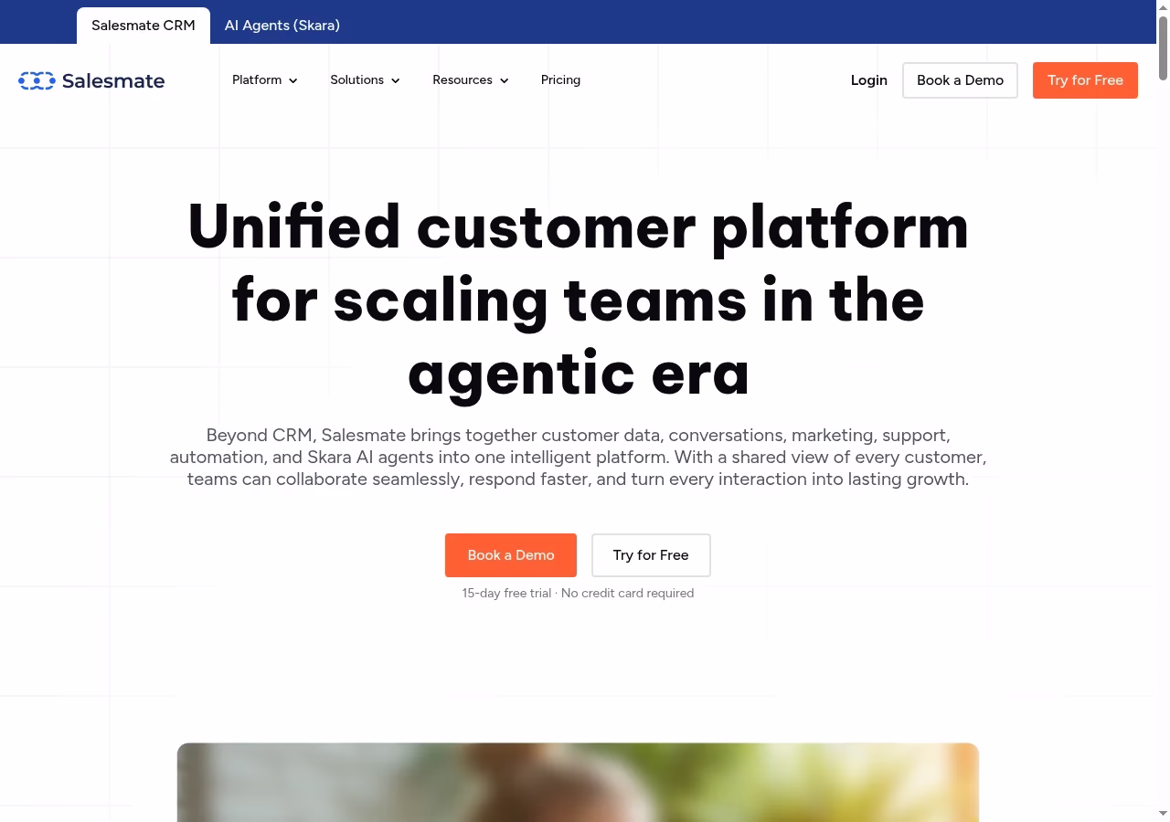 Salesmate official website hero showing its CRM product positioning