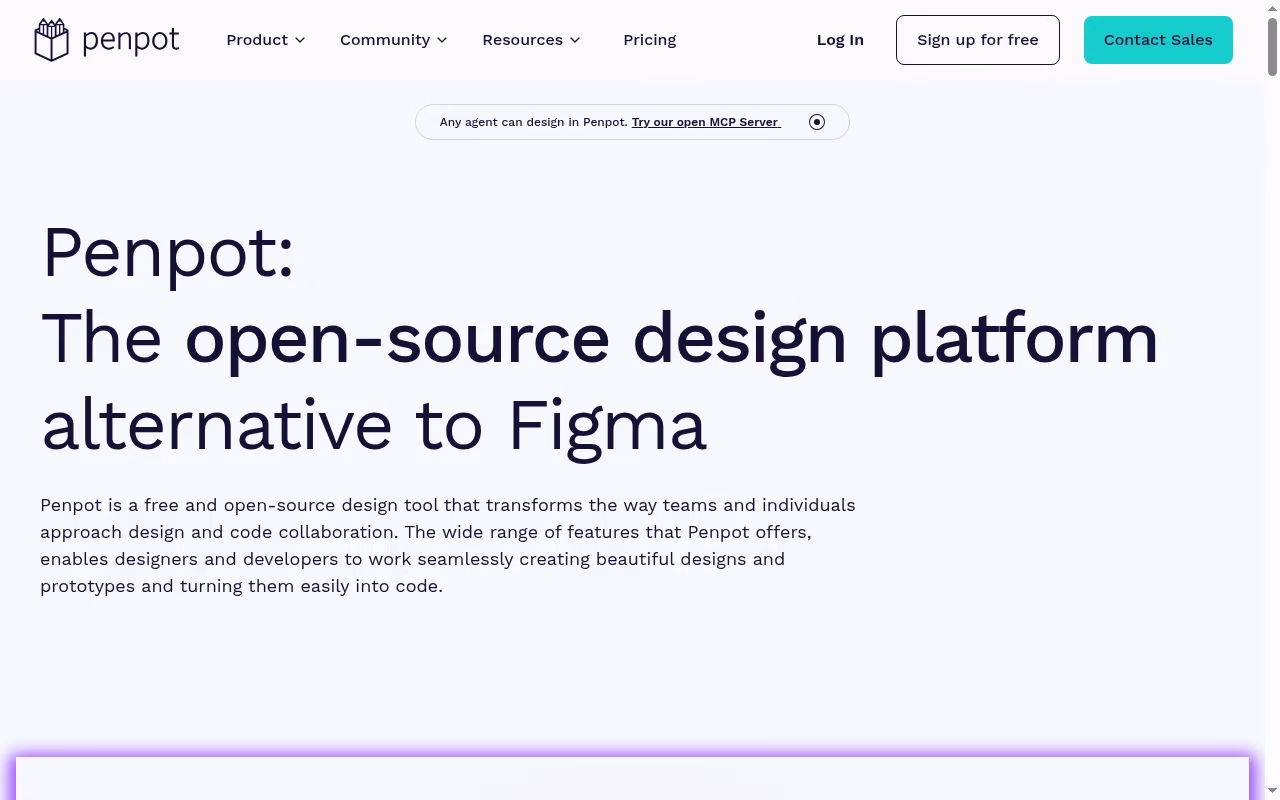 Penpot official website hero showing open-source collaborative product design