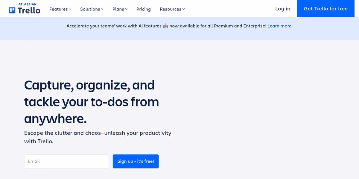 Trello homepage with the headline Capture, organize, and tackle your to-dos from anywhere