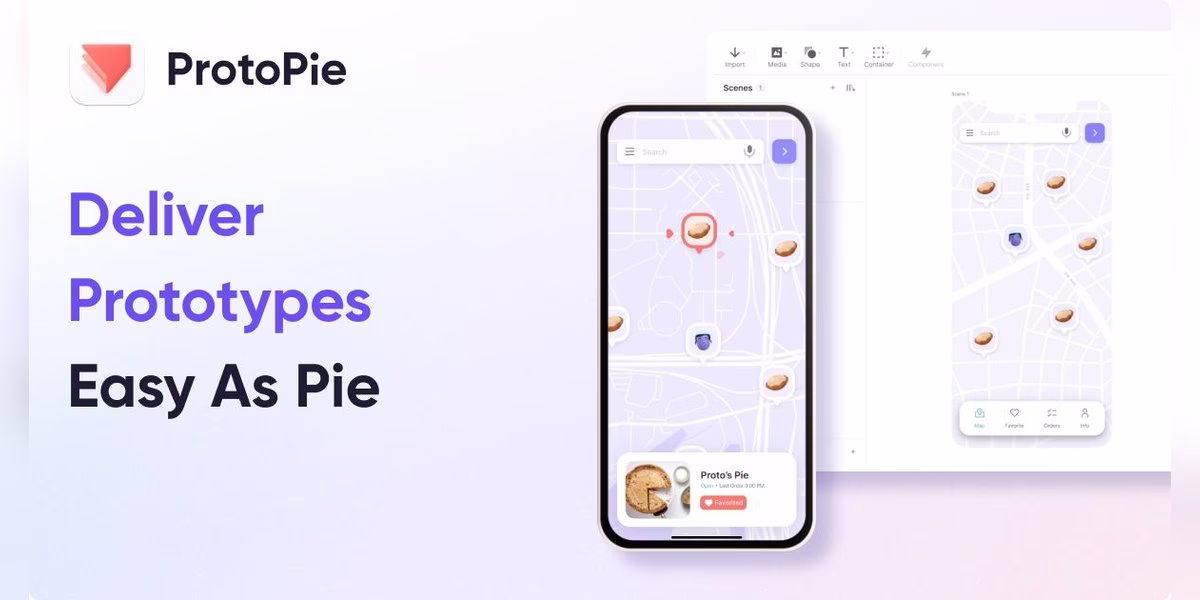 ProtoPie banner reading Deliver Prototypes Easy As Pie beside a phone prototype