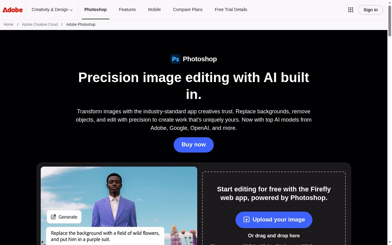 Adobe Photoshop official website hero showing retouching and compositing
