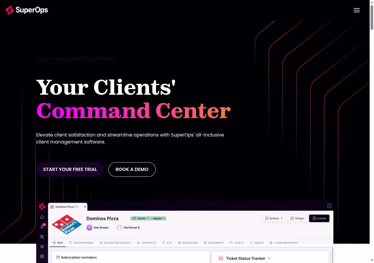 SuperOps official website hero showing its CRM product positioning
