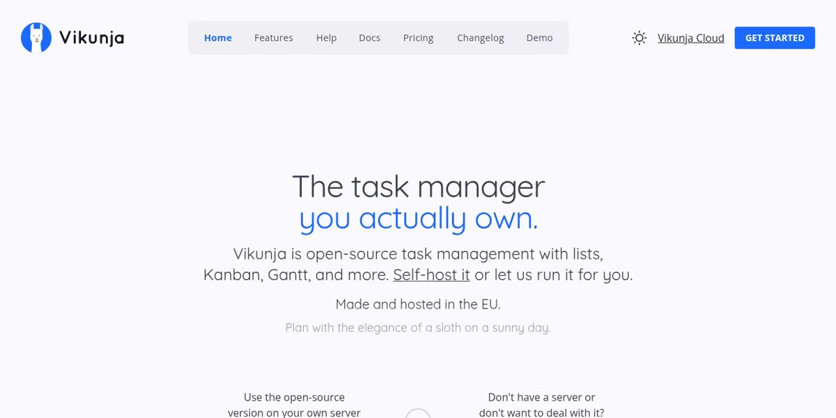 Vikunja homepage with the headline The task manager you actually own