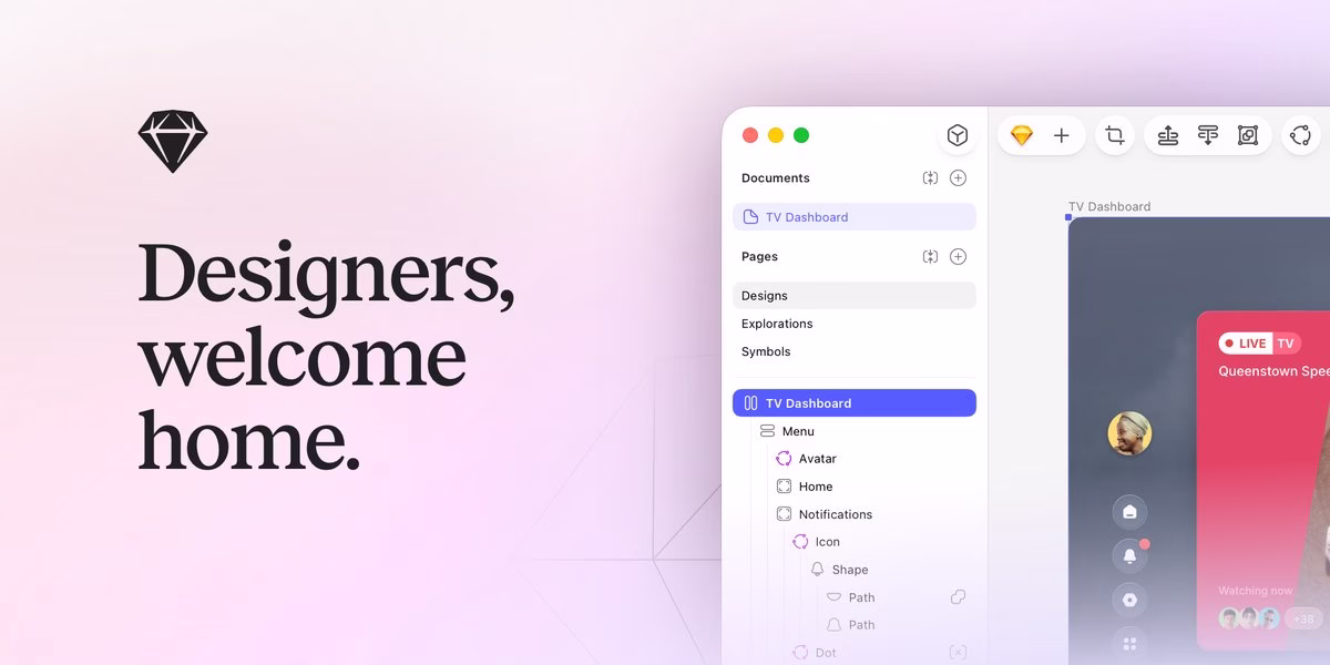 Sketch banner reading Designers, welcome home next to the Sketch editor on a Mac