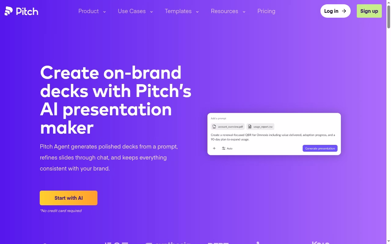 Pitch official website hero showing collaborative on-brand decks