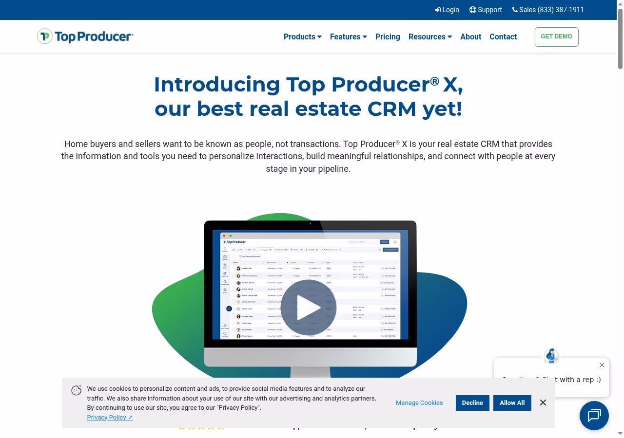 Top Producer official website hero showing its CRM product positioning