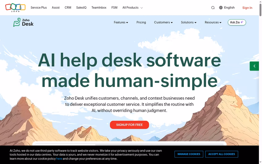 Zoho Desk homepage for its customer service help desk software