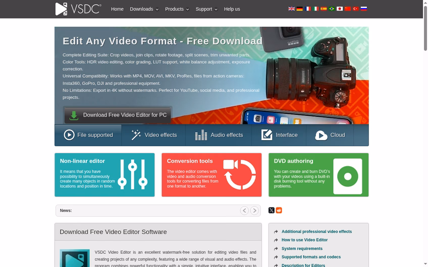 VSDC Free Video Editor page offering free download with 4K export without watermarks