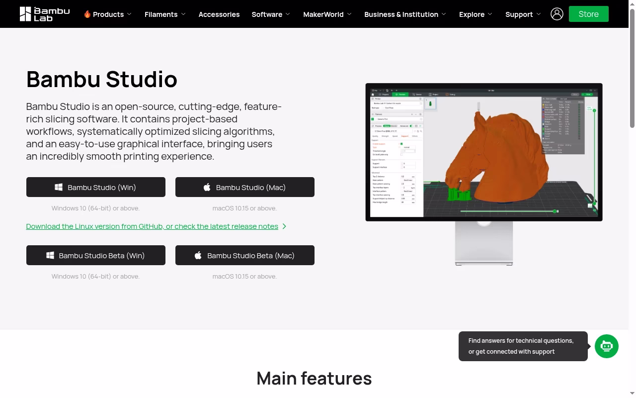 Bambu Studio official website hero showing Bambu-centered print preparation
