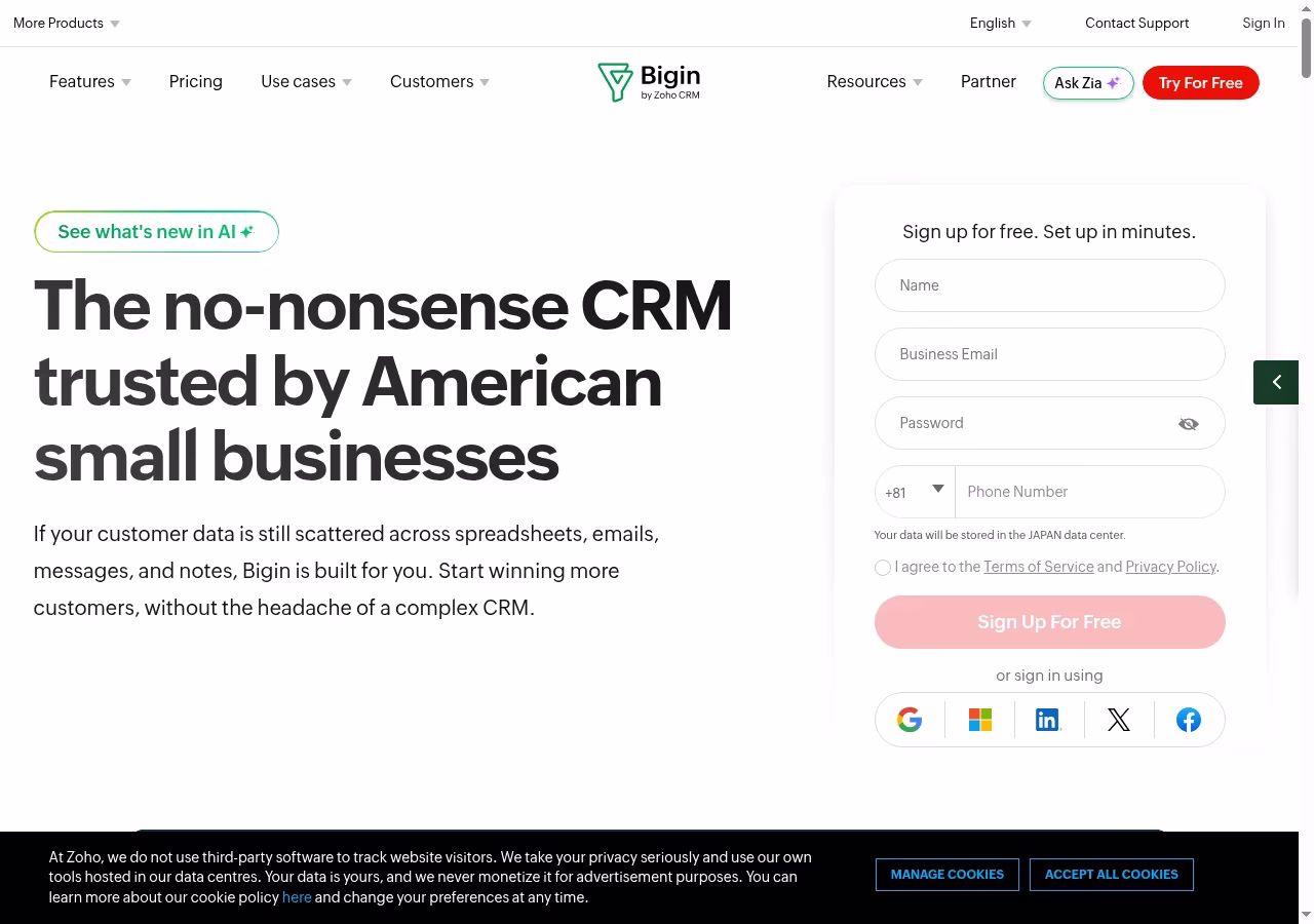 Bigin official website hero showing its CRM product positioning