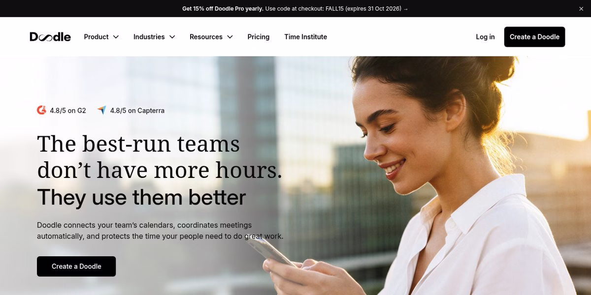 Doodle homepage with the headline The best-run teams do not have more hours