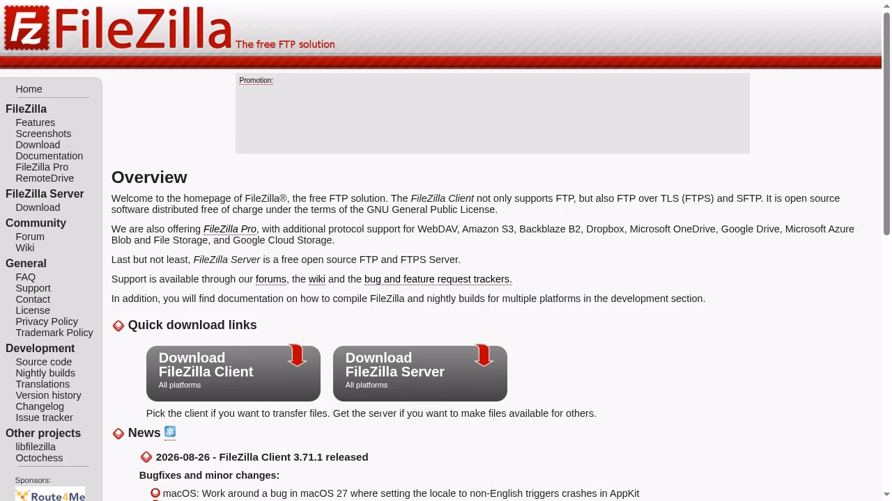 FileZilla official homepage distinguishing Client, Pro and Server