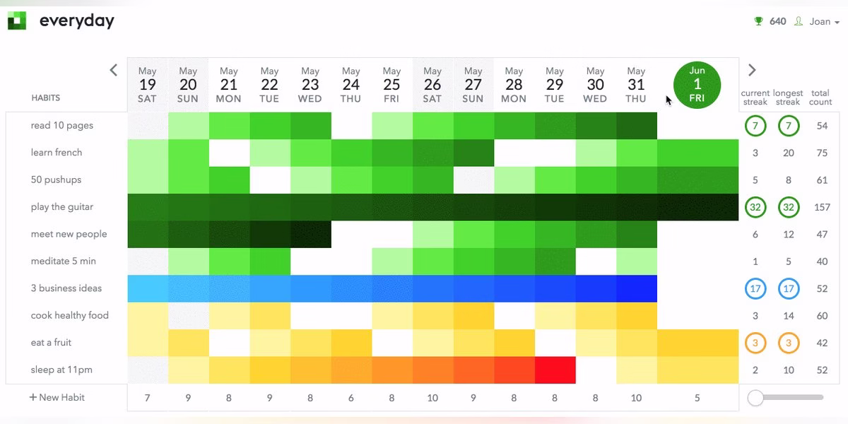 Everyday habit tracker board showing a grid of streaks