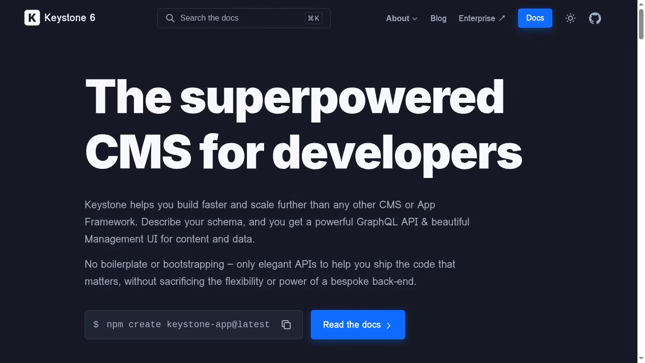 Keystone official homepage describing code-defined content and generated APIs