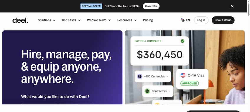 Deel homepage showing hire, manage, pay, and equip anyone anywhere with customer reviews